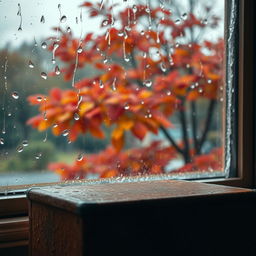 A brown metal box placed next to a rainy window, with raindrops streaming down the glass