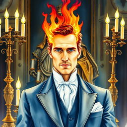 Watercolor portrait of a duke elegantly posing in front of a regal bronze statue of a king, surrounded by decorative candelabras casting a warm light