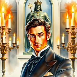 Watercolor portrait of a duke elegantly posing in front of a regal bronze statue of a king, surrounded by decorative candelabras casting a warm light