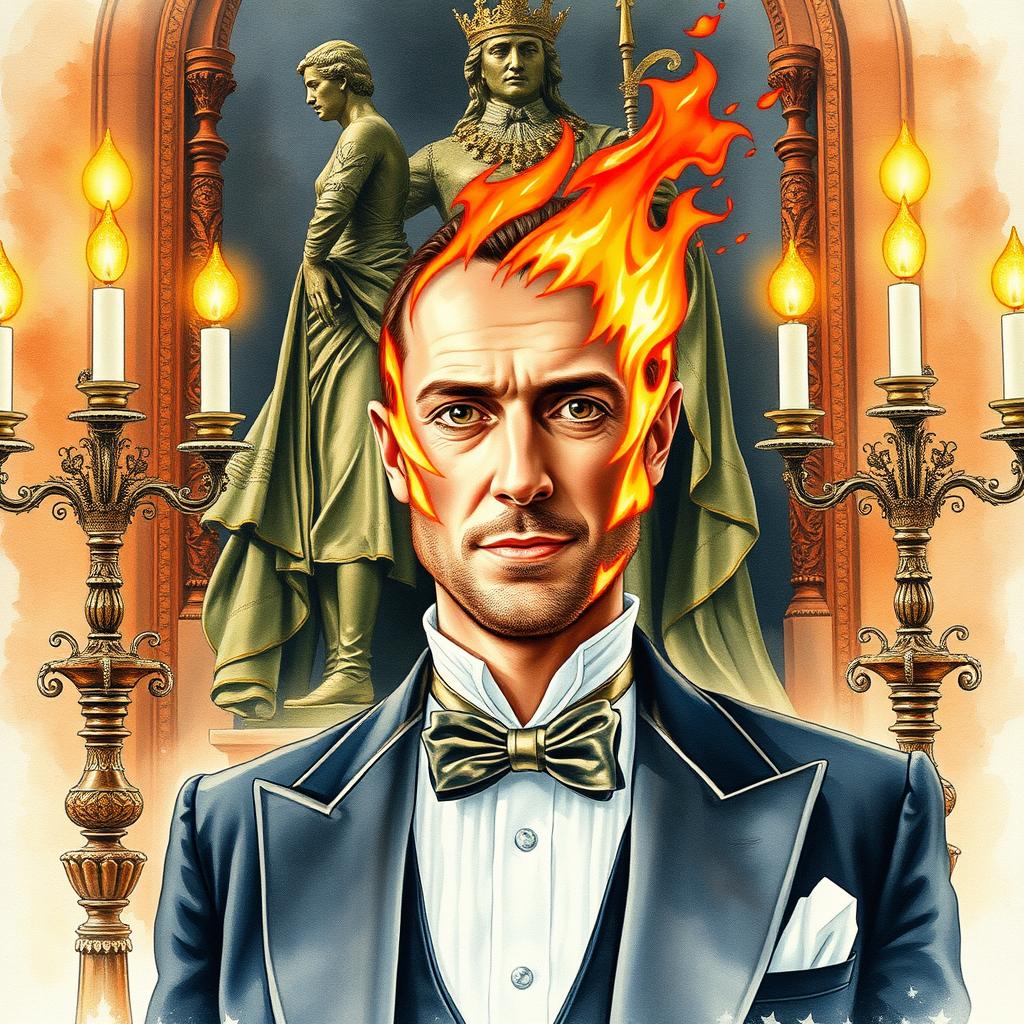 Watercolor portrait of a duke elegantly posing in front of a regal bronze statue of a king, surrounded by decorative candelabras casting a warm light