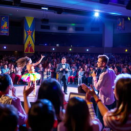 A vibrant and energetic scene of a talent show taking place in a large auditorium, filled with an enthusiastic audience clapping and cheering