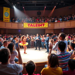 A vibrant and energetic scene of a talent show taking place in a large auditorium, filled with an enthusiastic audience clapping and cheering