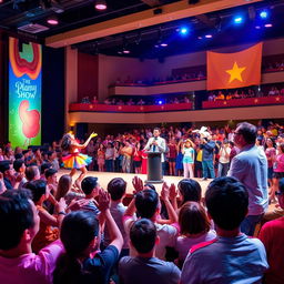 A vibrant and energetic scene of a talent show taking place in a large auditorium, filled with an enthusiastic audience clapping and cheering