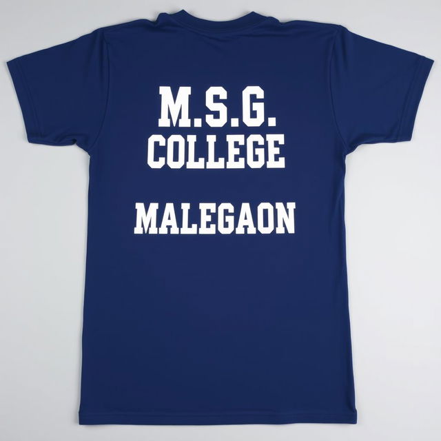 A half-size navy blue t-shirt displayed flat, featuring the text 'M