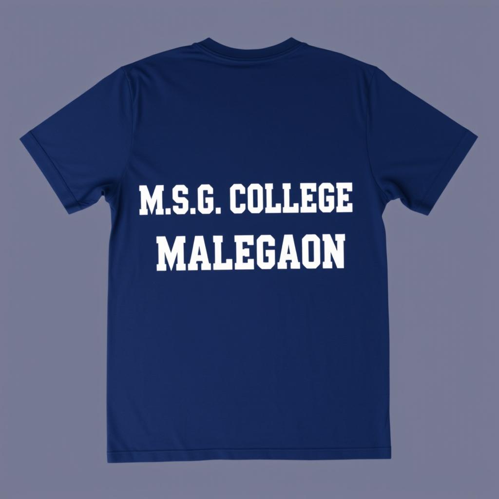 A half-size navy blue t-shirt displayed flat, featuring the text 'M