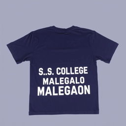 A half-size navy blue t-shirt displayed flat, featuring the text 'M