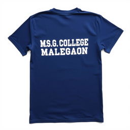 A half-size navy blue t-shirt displayed flat, featuring the text 'M