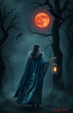 A woman wearing a flowing blue cloak adorned with intricate white floral patterns is walking alone into a dark and misty forest