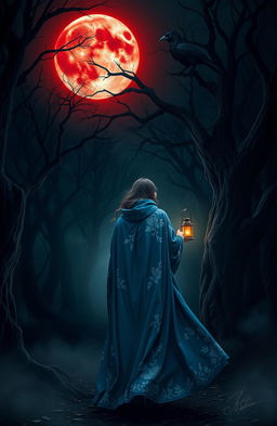 A woman wearing a flowing blue cloak adorned with intricate white floral patterns is walking alone into a dark and misty forest