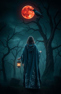 A woman wearing a flowing blue cloak adorned with intricate white floral patterns is walking alone into a dark and misty forest