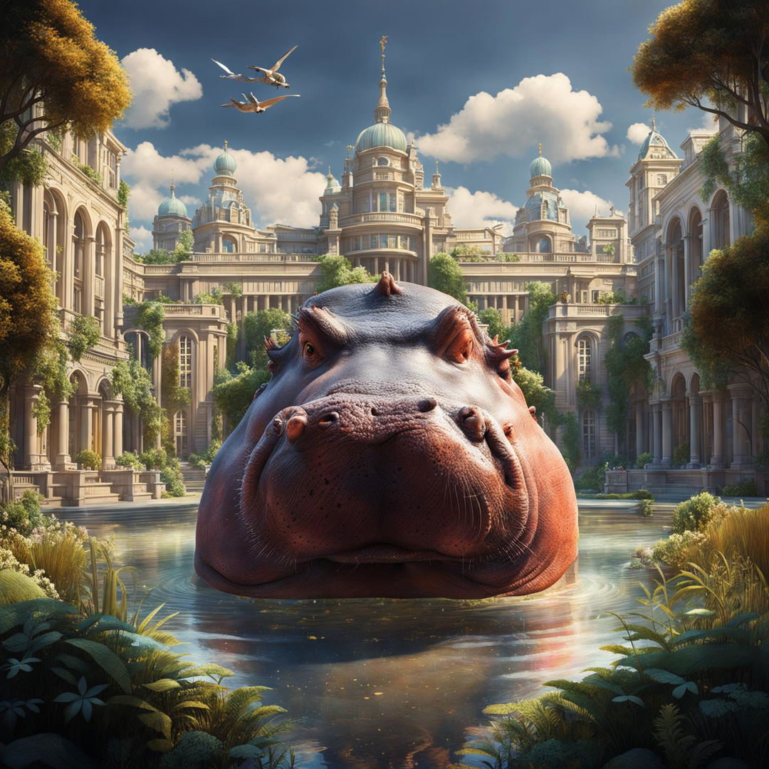 A digital art image featuring a realistic hippopotamus in a fantastical university campus setting