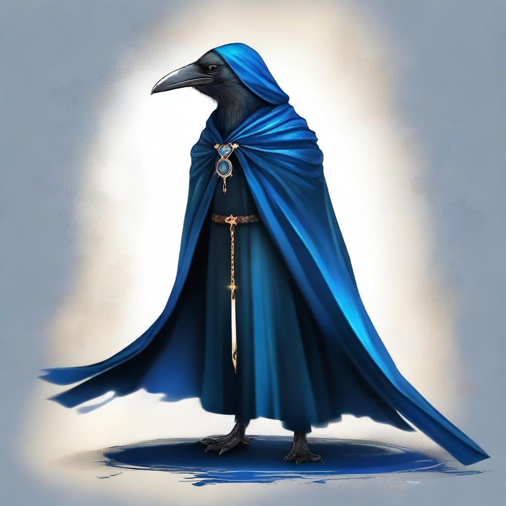 Depict a high-quality digital art of a crow wizard, adorned in a shimmering blue cloak