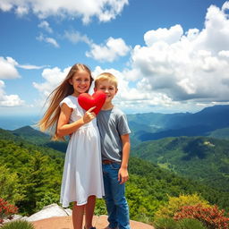 A picturesque scene atop a stunning mountain landscape with vibrant, lush greenery and a bright blue sky filled with fluffy white clouds