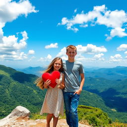 A picturesque scene atop a stunning mountain landscape with vibrant, lush greenery and a bright blue sky filled with fluffy white clouds