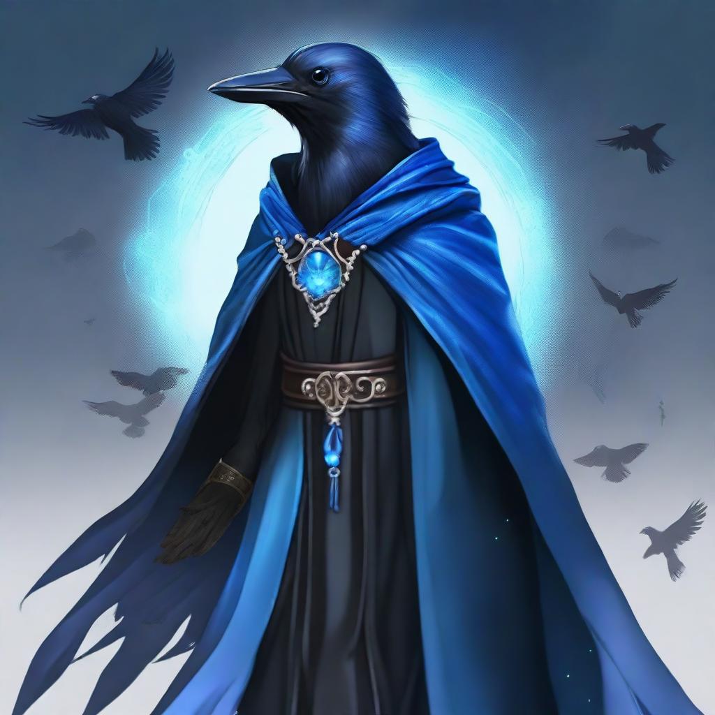 Depict a high-quality digital art of a crow wizard, adorned in a shimmering blue cloak