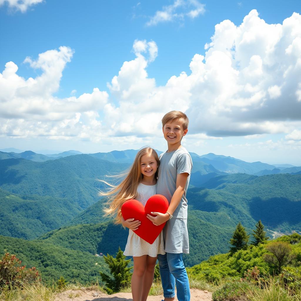 A picturesque scene atop a stunning mountain landscape with vibrant, lush greenery and a bright blue sky filled with fluffy white clouds