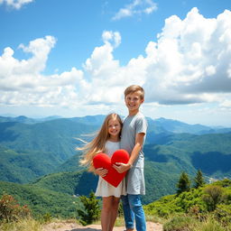 A picturesque scene atop a stunning mountain landscape with vibrant, lush greenery and a bright blue sky filled with fluffy white clouds