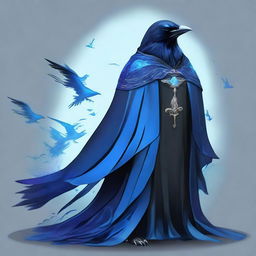 Depict a high-quality digital art of a crow wizard, adorned in a shimmering blue cloak