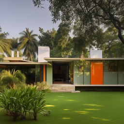 A mid-century modern architecture styled Indian home with vibrant colors, sleek lines, flat surfaces, large glass windows, and integration with nature.