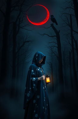 A woman in a blue cloak adorned with white flowering patterns is walking alone into a dark and misty forest