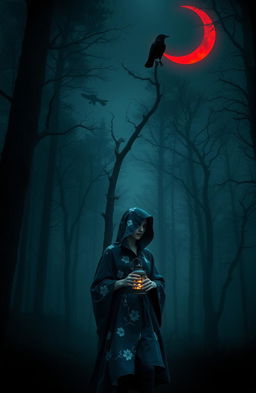 A woman in a blue cloak adorned with white flowering patterns is walking alone into a dark and misty forest