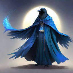 Depict a high-quality digital art of a crow wizard, adorned in a shimmering blue cloak