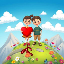 A cute cartoon scene depicting a boy and a girl standing joyfully atop a beautiful, colorful mountain