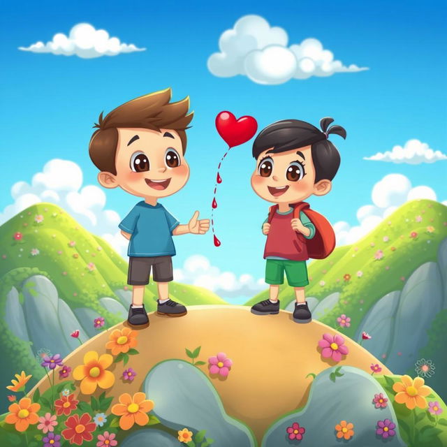 A cute cartoon scene depicting a boy and a girl standing joyfully atop a beautiful, colorful mountain