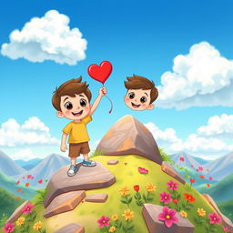 A cute cartoon scene depicting a boy and a girl standing joyfully atop a beautiful, colorful mountain
