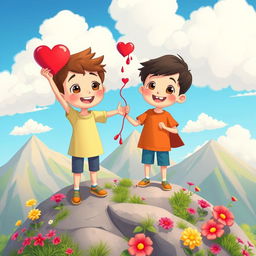 A cute cartoon scene depicting a boy and a girl standing joyfully atop a beautiful, colorful mountain