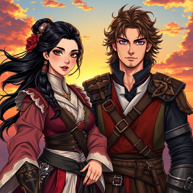 An enchanting illustration of a beautiful couple: a 24-year-old Japanese pirate-samurai with flowing black hair, striking dark hazel eyes, dressed in traditional yet fierce pirate-samurai attire, showcasing intricate armor details and adorned with elements of both cultures