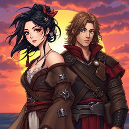 An enchanting illustration of a beautiful couple: a 24-year-old Japanese pirate-samurai with flowing black hair, striking dark hazel eyes, dressed in traditional yet fierce pirate-samurai attire, showcasing intricate armor details and adorned with elements of both cultures