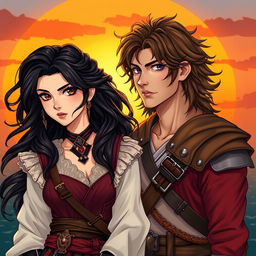 An enchanting illustration of a beautiful couple: a 24-year-old Japanese pirate-samurai with flowing black hair, striking dark hazel eyes, dressed in traditional yet fierce pirate-samurai attire, showcasing intricate armor details and adorned with elements of both cultures