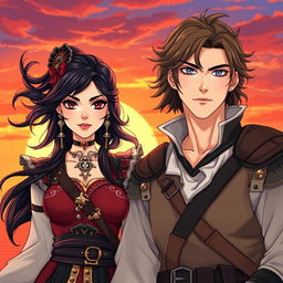 An enchanting illustration of a beautiful couple: a 24-year-old Japanese pirate-samurai with flowing black hair, striking dark hazel eyes, dressed in traditional yet fierce pirate-samurai attire, showcasing intricate armor details and adorned with elements of both cultures