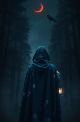A woman in a blue cloak adorned with delicate white flowering patterns is walking alone into a dark and misty forest, viewed from the back