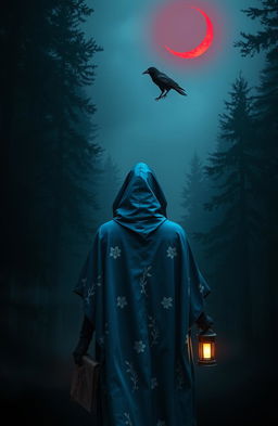 A woman in a blue cloak adorned with delicate white flowering patterns is walking alone into a dark and misty forest, viewed from the back