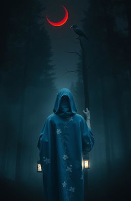 A woman in a blue cloak adorned with delicate white flowering patterns is walking alone into a dark and misty forest, viewed from the back