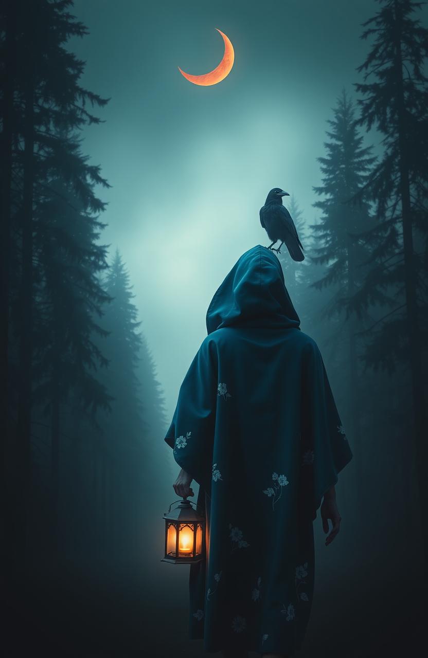 A woman in a blue cloak adorned with delicate white flowering patterns is walking alone into a dark and misty forest, viewed from the back