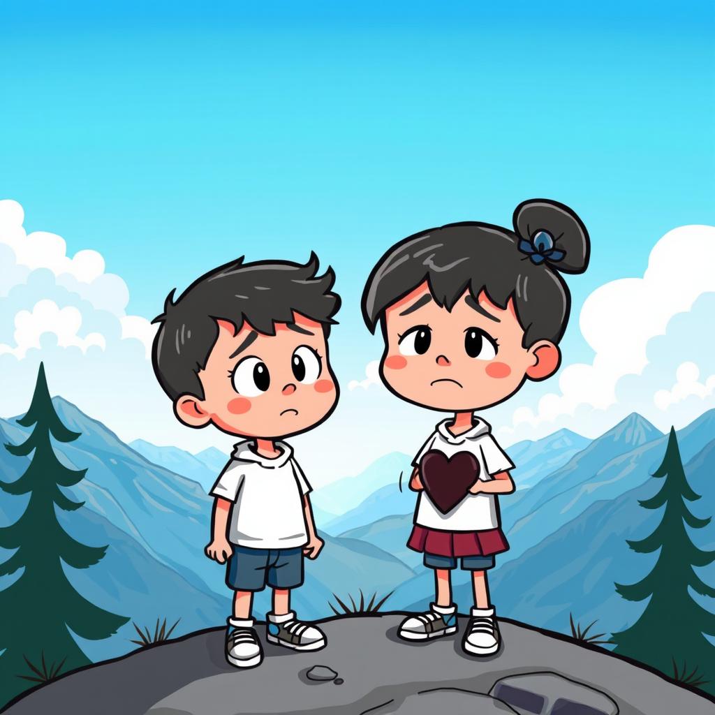 A cartoon scene depicting a boy and a girl standing on top of a mountain