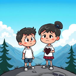 A cartoon scene depicting a boy and a girl standing on top of a mountain