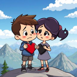 A cartoon scene depicting a boy and a girl standing on top of a mountain