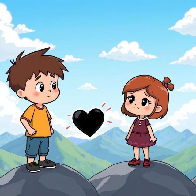 A cartoon scene depicting a boy and a girl standing on top of a mountain