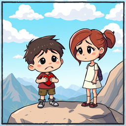 A cartoon scene depicting a boy and a girl standing on top of a mountain