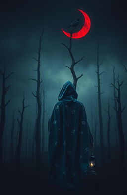 A mysterious woman in a flowing blue cloak patterned with delicate white flowers is walking alone into a dark and misty forest, her back facing us
