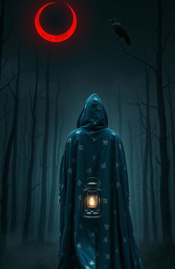 A mysterious woman in a flowing blue cloak patterned with delicate white flowers is walking alone into a dark and misty forest, her back facing us