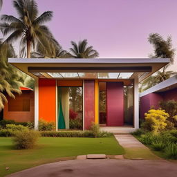 A mid-century modern architecture styled Indian home with vibrant colors, sleek lines, flat surfaces, large glass windows, and integration with nature.