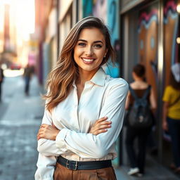 A confident and stylish young woman posing for a photo shoot in a vibrant urban setting, wearing a fashionable outfit that blends high street fashion with elegance