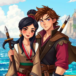 An enchanting illustration in the classical Disney movies style, showcasing a beautiful couple