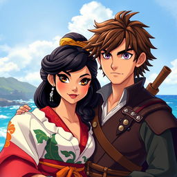 An enchanting illustration in the classical Disney movies style, showcasing a beautiful couple