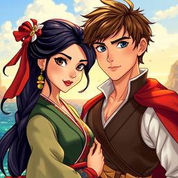 An enchanting illustration in the classical Disney movies style, showcasing a beautiful couple
